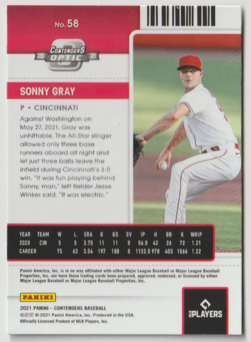 2021 Panini Contenders Optic Season Ticket Red Sonny Gray #58 card back image