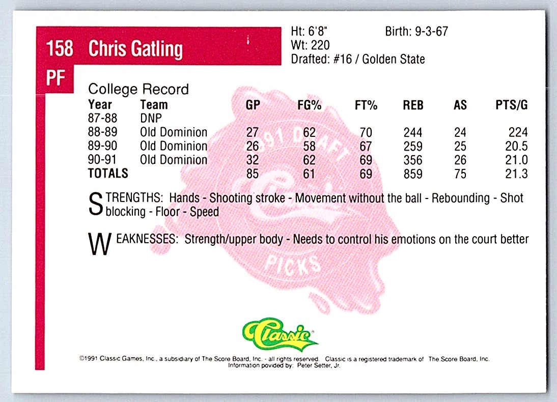 1992-93 Classic Draft Chris Gatling #158 card back image