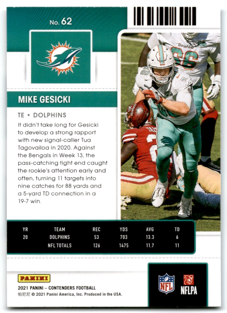 2021 Panini Contenders Mike Gesicki #62 card back image