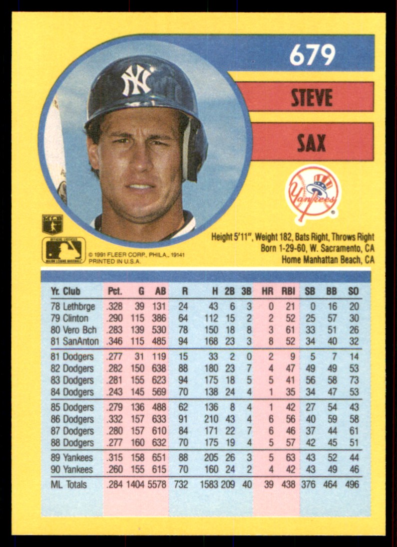 1991 Fleer Steve Sax New York Yankees #679 | eBay
