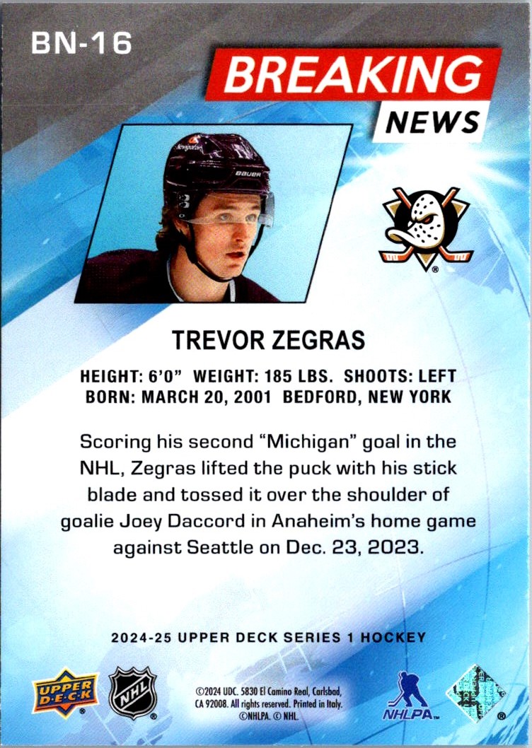 2024-25 Upper Deck Breaking News Trevor Zegras #BN-16 card back image