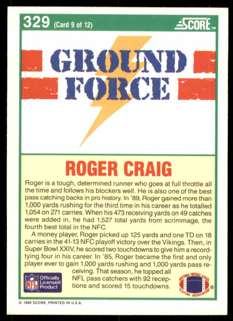 1990 Score Ground Force Roger Craig #329 card back image