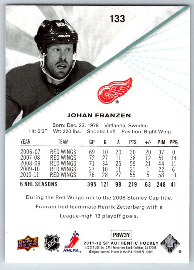 2011-12 SP Authentic Johan Franzen #133 card back image