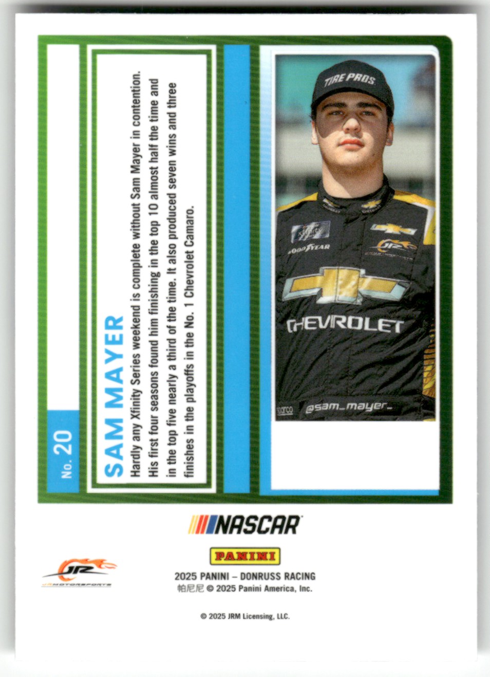 2025 Donruss NASCAR Optic SAM MAYER #20 card back image