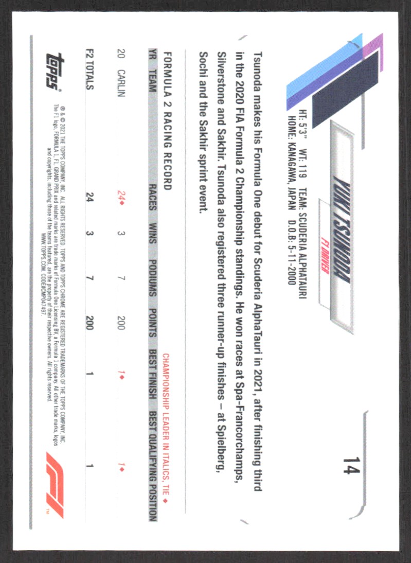 2021 Topps Chrome Formula 1 Yuki Tsunoda #14 card back image