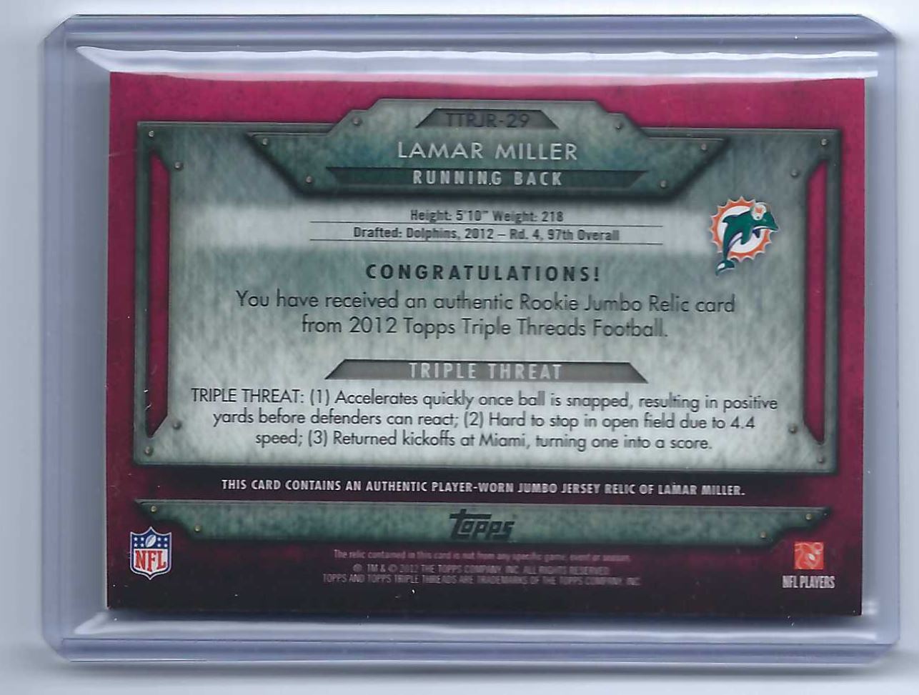 Triple Rookie Card 2012 Topps Triple Threads Rookie Jumbo Relics Lamar Miller #TTRJR-29 on ...