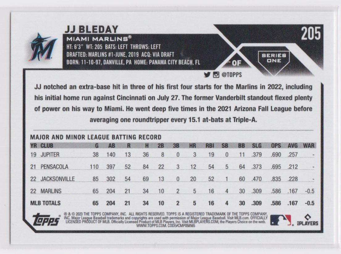 2023 Topps JJ Bleday #205 card back image