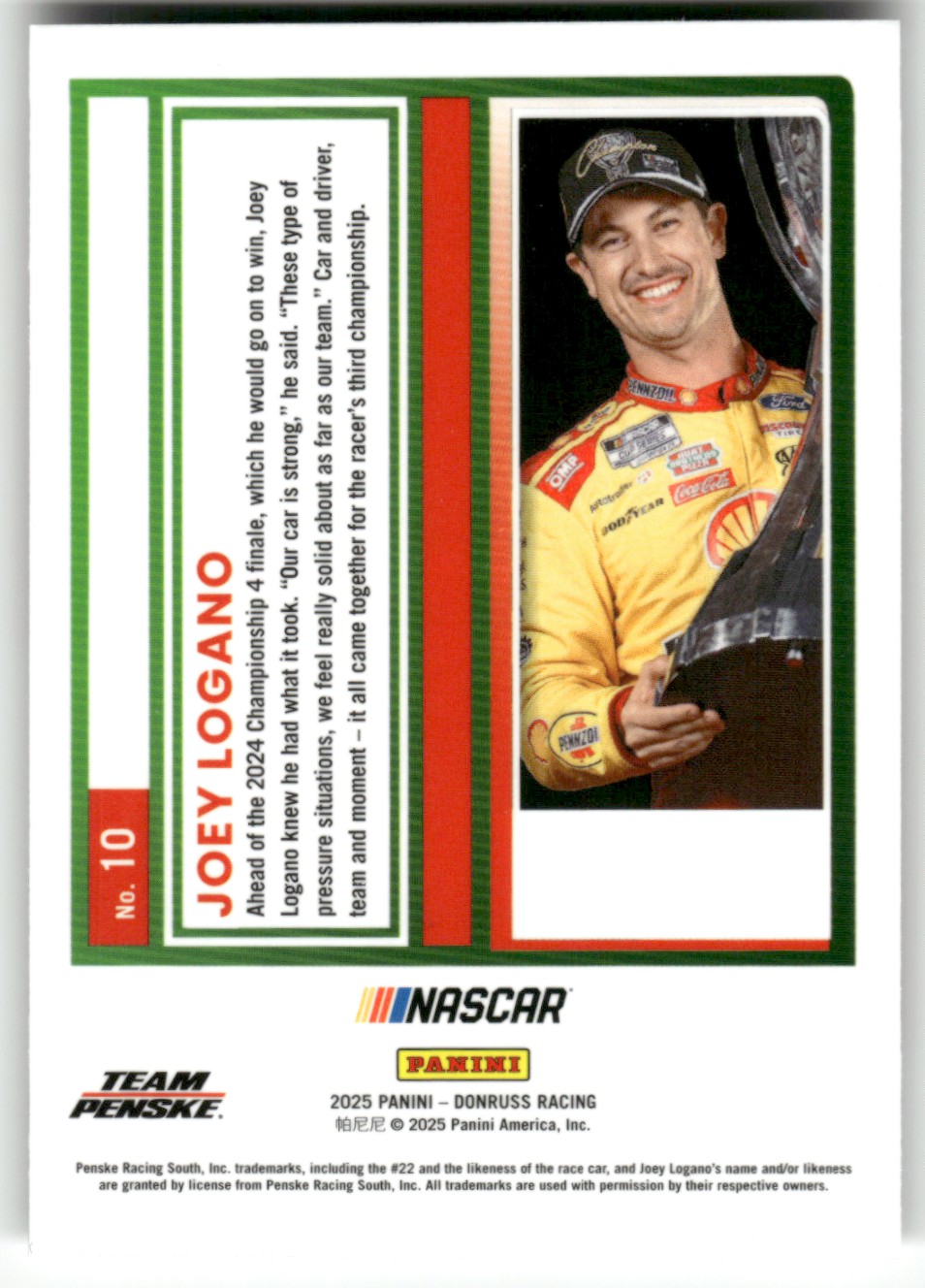 2025 Donruss NASCAR Optic JOEY LOGANO #10 card back image