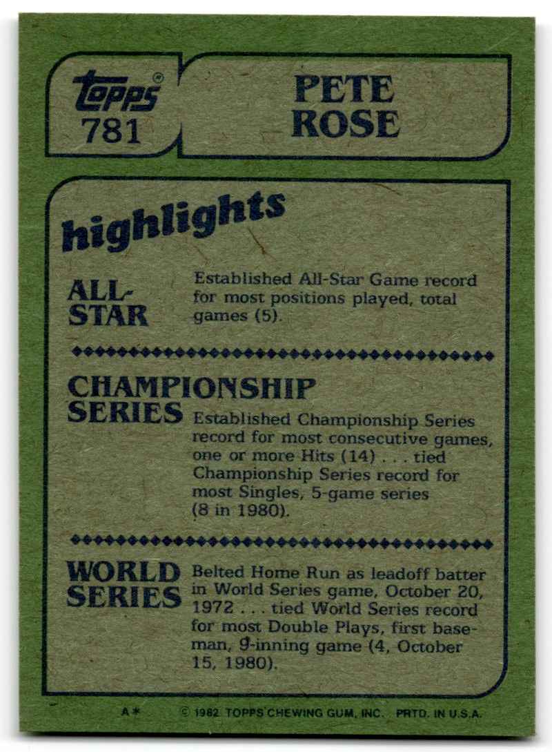 1982 Topps Pete Rose #781 card back image