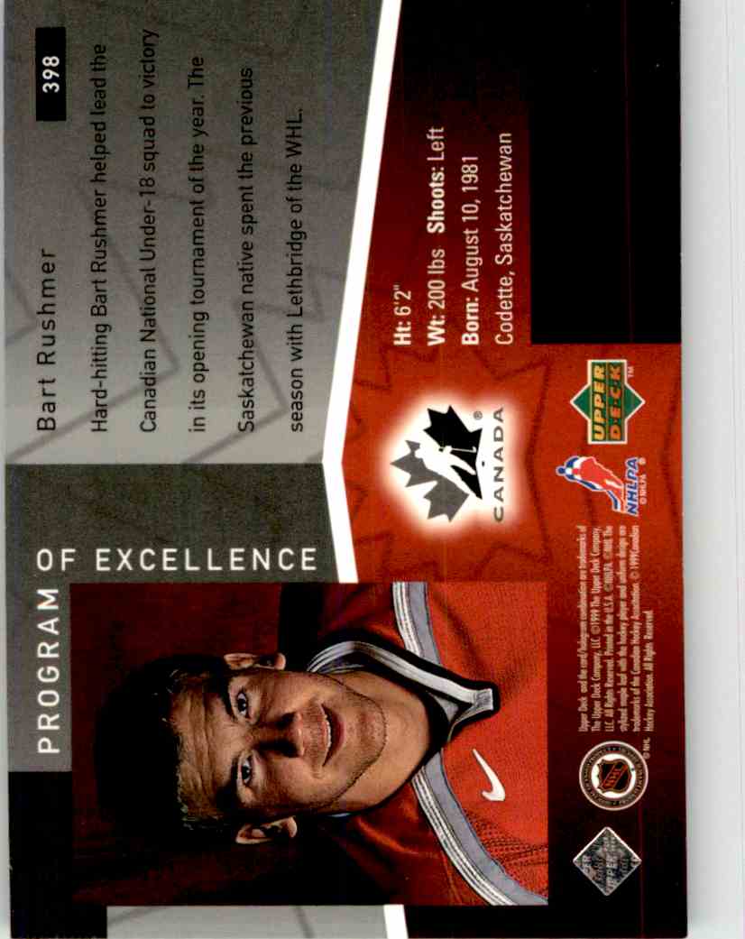 1998-99 Upper Deck Gold Reserve Bart Rushmer #398 card back image