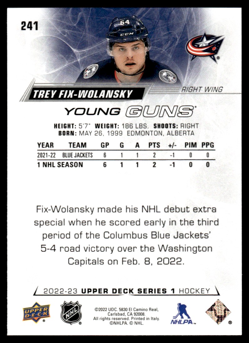 2022-23 Upper Deck Young Guns Trey Fix-Wolansky #241 card back image