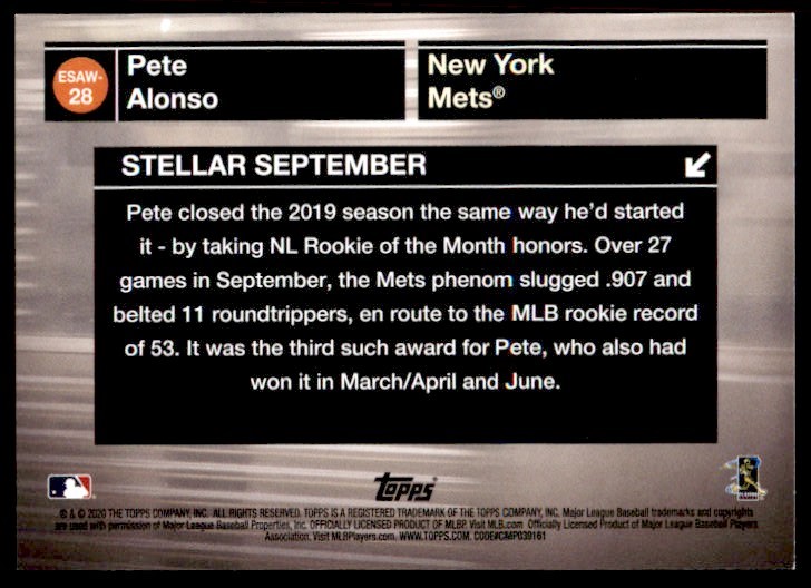 2019 Topps Empire State Awards Winners Pete Alonso #ESAW-28 card back image