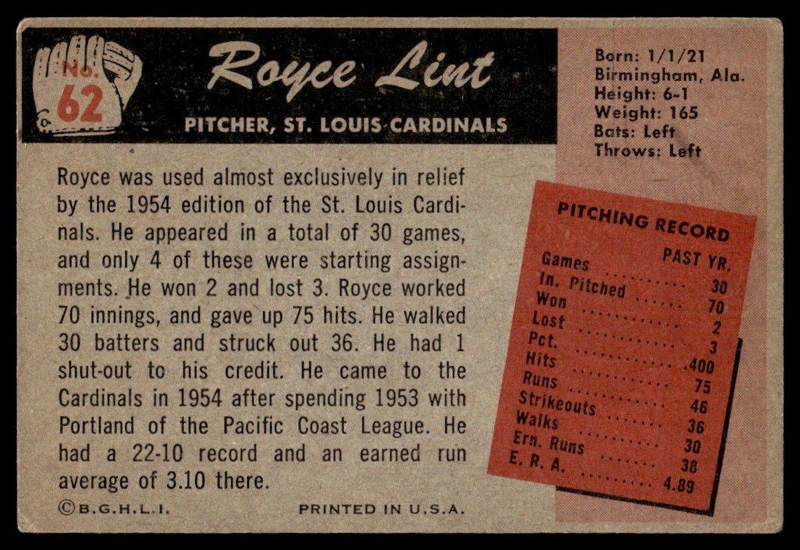 1955 Bowman Royce Lint #62 card back image