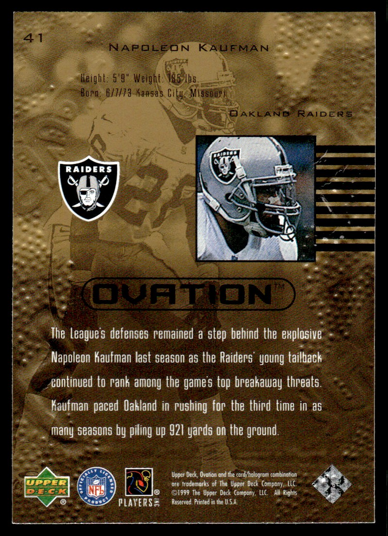 1999 Upper Deck Ovation * Napoleon Kaufman #41 card back image