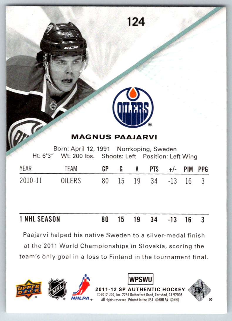 2011-12 SP Authentic Magnus Paajarvi #124 card back image