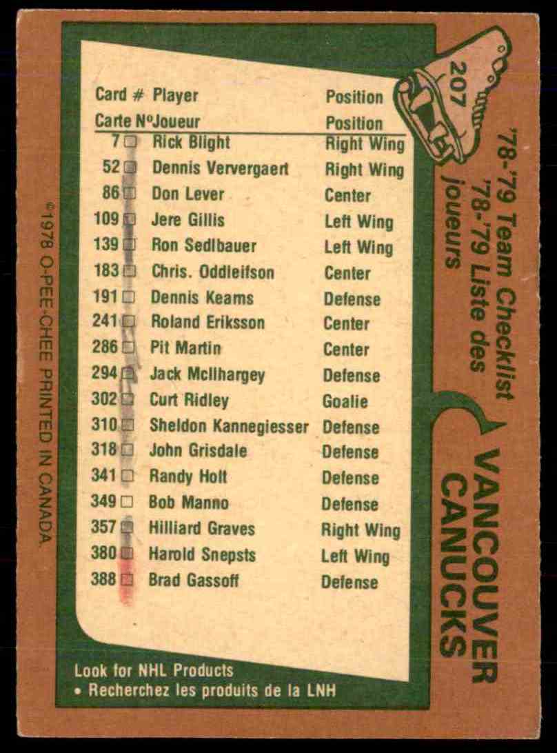 1978-79 O-Pee-Chee Vancouver Canucks Checklist #207 card back image