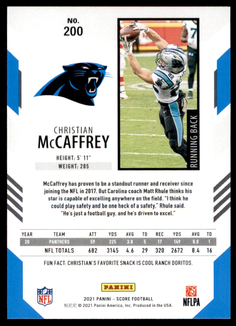 2021 Score Christian McCaffrey #200 card back image
