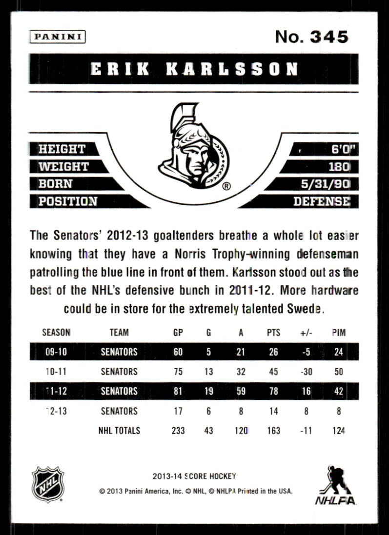 2013-14 Score ! Erik Karlsson #345 card back image