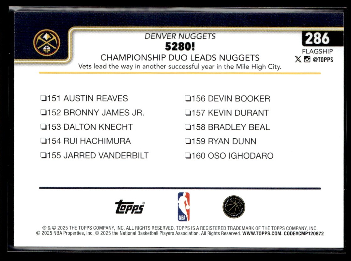 2025-26 TOPPS 5280! CHAMPIONSHIP DUO LEADS DENVER NUGGETS #286 | eBay