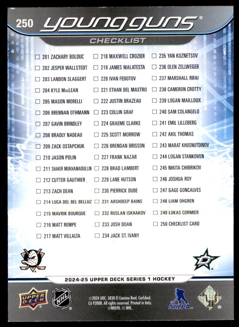 2024-25 UPPER DECK YOUNG GUNS CHECKLIST CUTTER GAUTHIER / LOGAN