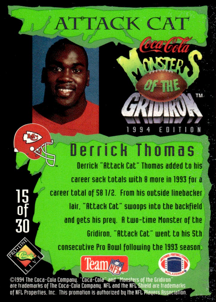 1994 Coca-Cola Monsters of the Gridiron Derrick Thomas #15 card back image