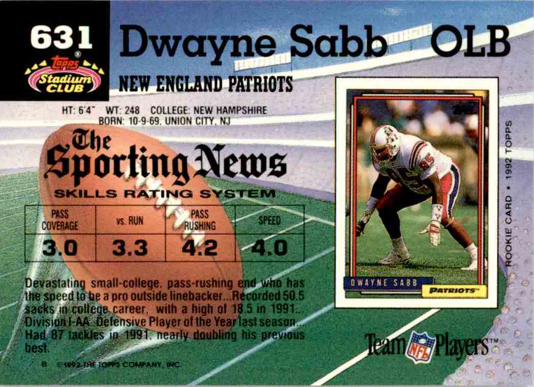 1992 Topps Stadium Club Dwayne Sabb New England Patriots #631 | eBay