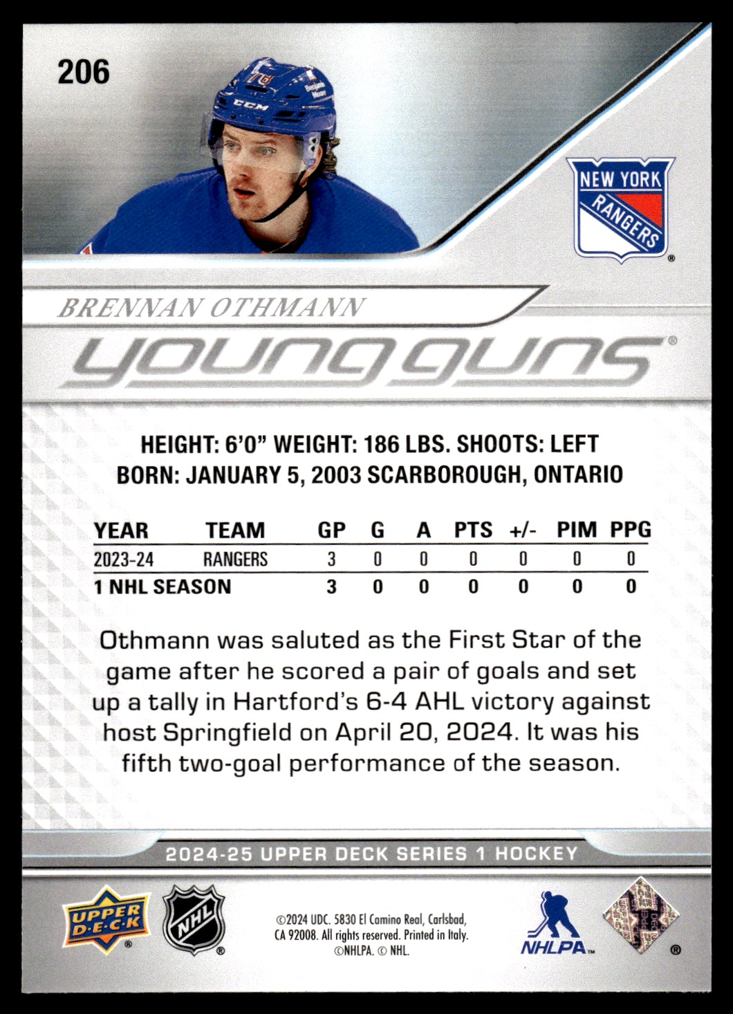 2024-25 UPPER DECK YOUNG GUNS BRENNAN OTHMANN ROOKIE NEW YORK