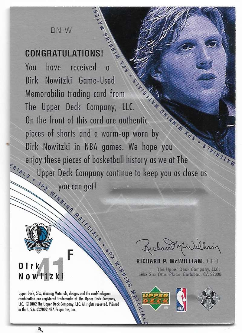 2002-03 SPx Winning Materials Dirk Nowitzki #DN-W card back image