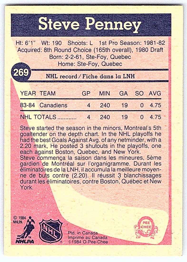 1984-85 O-Pee-Chee ! Steve Penney #269 card back image