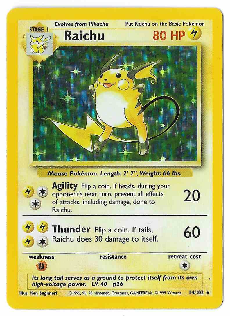 1999 Pokemon Card Raichu 14/102 Holo Rare Base Set on Kronozio