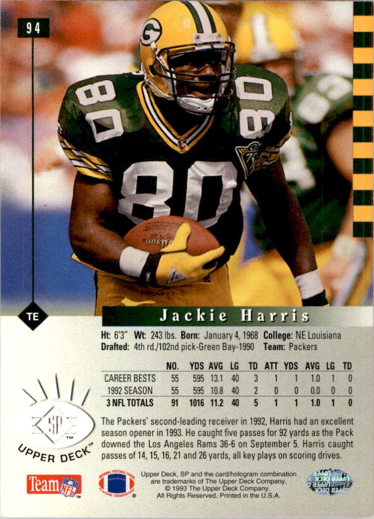 1993 Upper Deck Sp Jackie Harris Green Bay Packers #94 Football