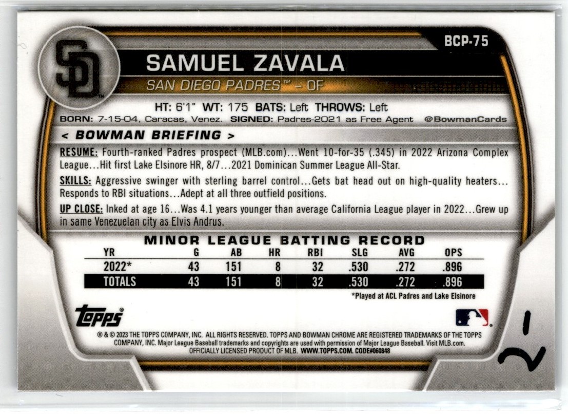 2023 Bowman Chrome Sapphire Samuel Zavala #BCP75 card back image