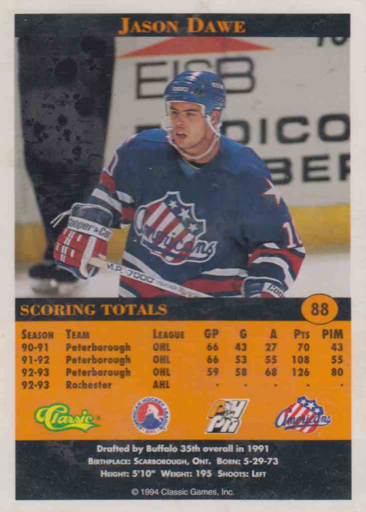 1994-95 Classic Pro Prospects Jason Dawe #88 on Kronozio