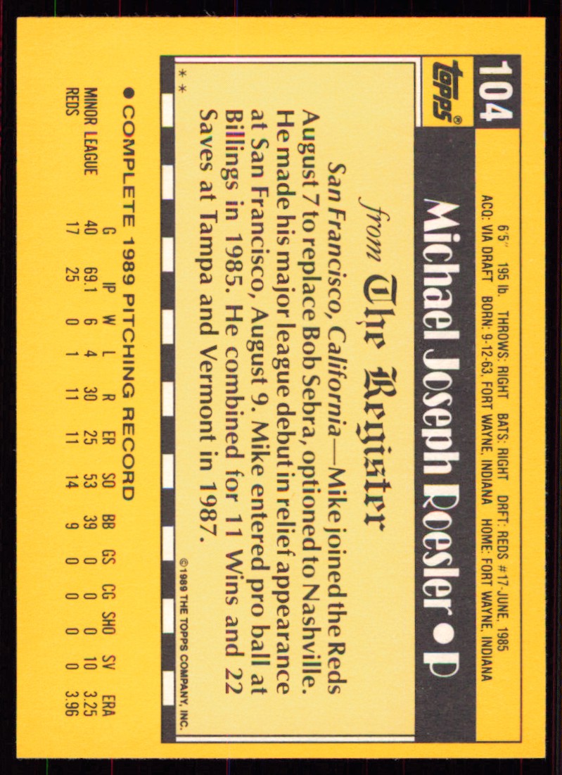 1990 Topps Major League Debut 1989 Mike Roesler Cincinnati Reds