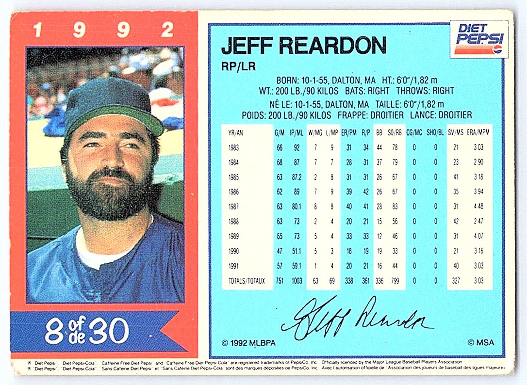 1992 Diet Pepsi Collector Series Jeff Reardon #1 card back image