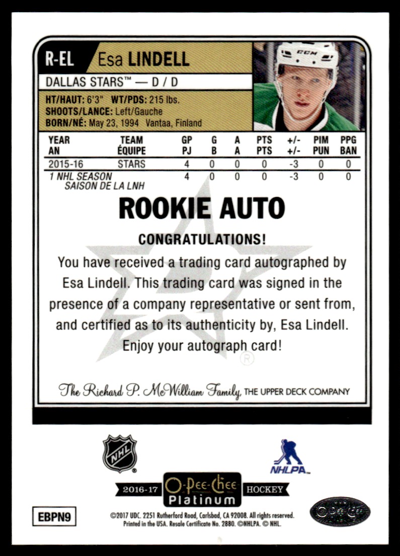 2016-17 O-Pee-Chee Platinum Rookie Autographs Esa Lindell #R-EL card back image