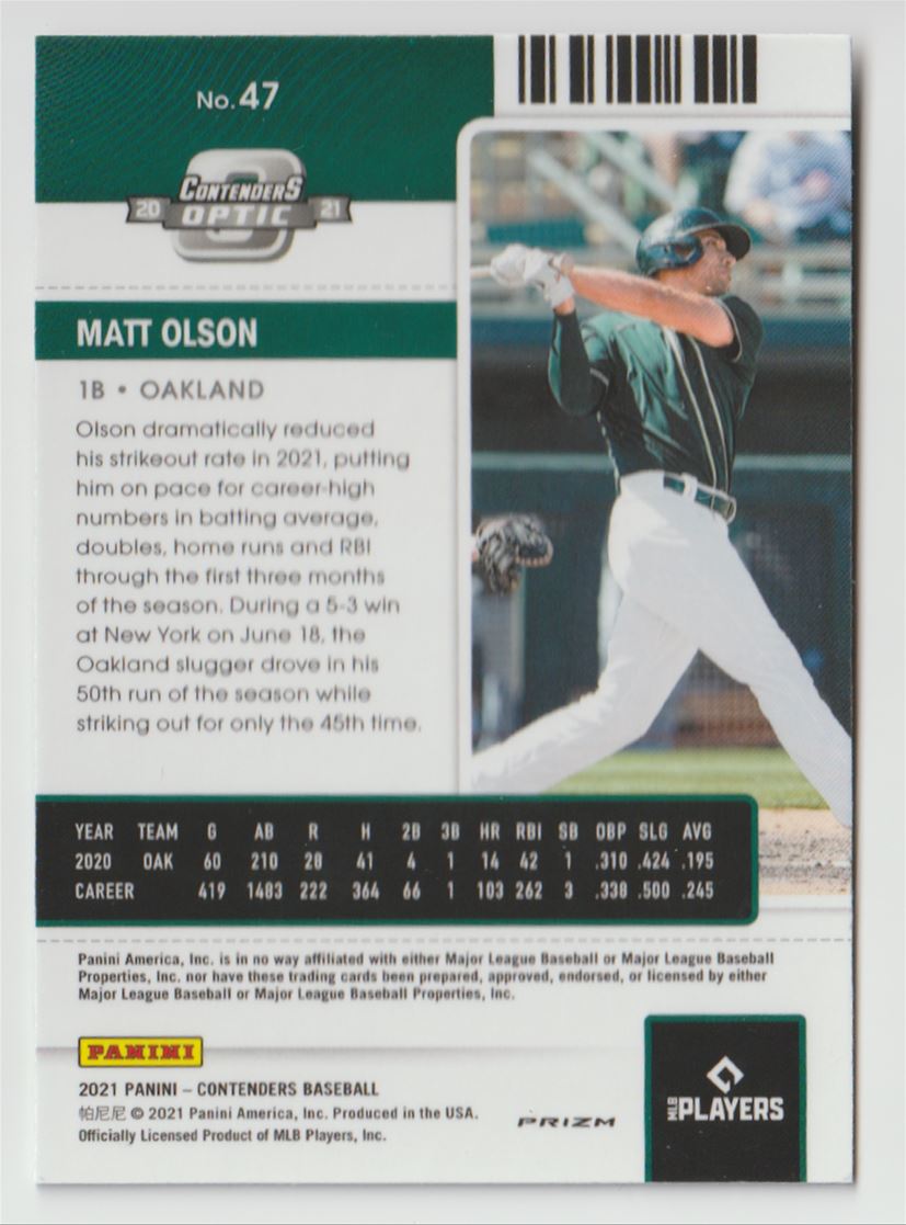 2021 Panini Contenders Optic Green Wave Matt Olson #47 card back image