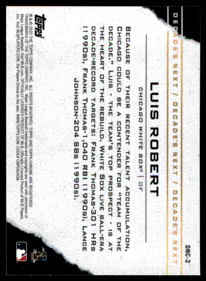 2020 Topps Chrome Update Decade's Next Luis Robert #DNC-2 card back image