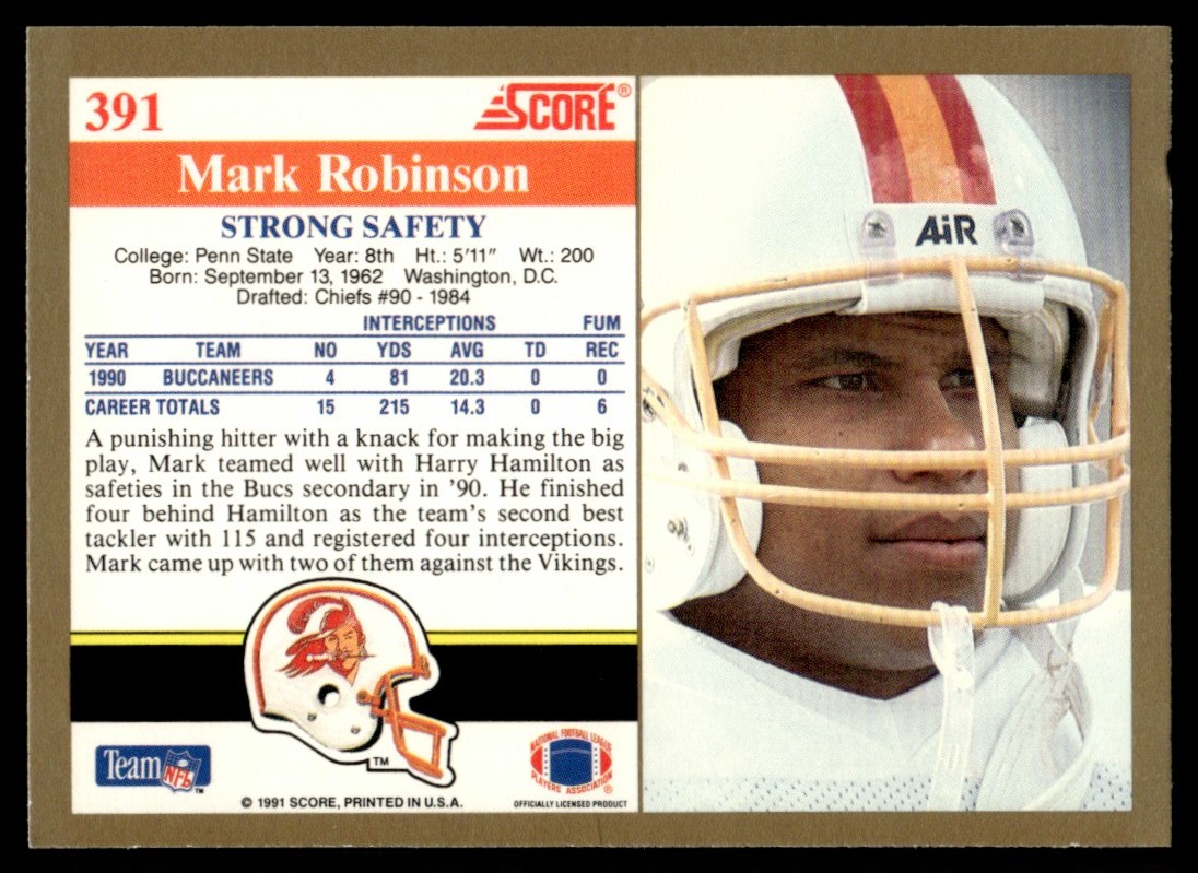 1991 SCORE FOOTBALL CARD MARK ROBINSON #391 TAMPA BAY BUCCANEERS