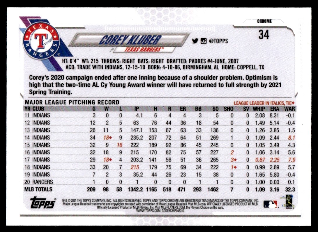 2021 Topps Chrome Corey Kluber #34 card back image