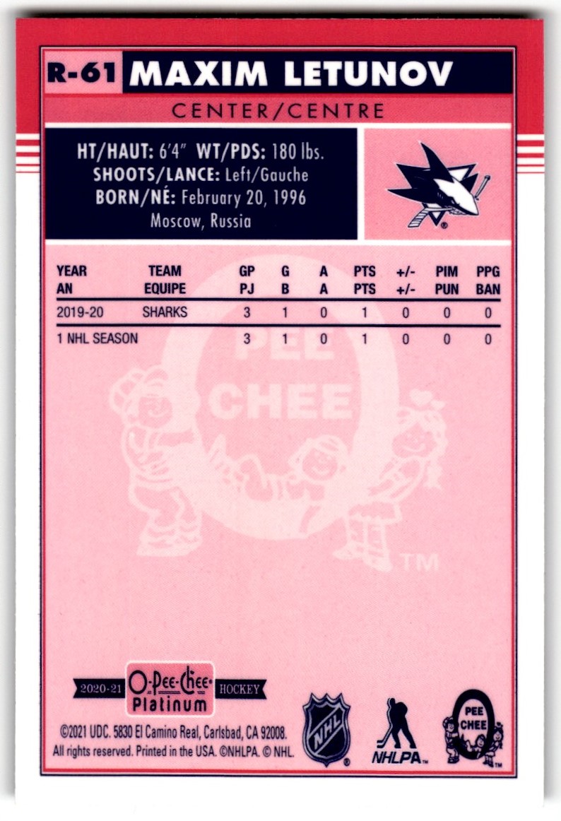 2020-21 O-Pee-Chee Platinum Retro Maxim Letunov #R-61 card back image