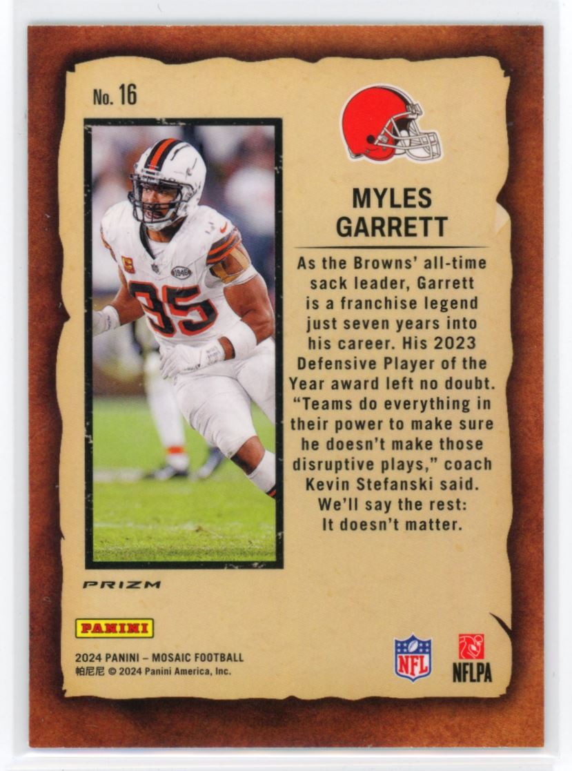 2024 Panini Mosaic Notoriety Green Prizm Myles Garrett Browns #16