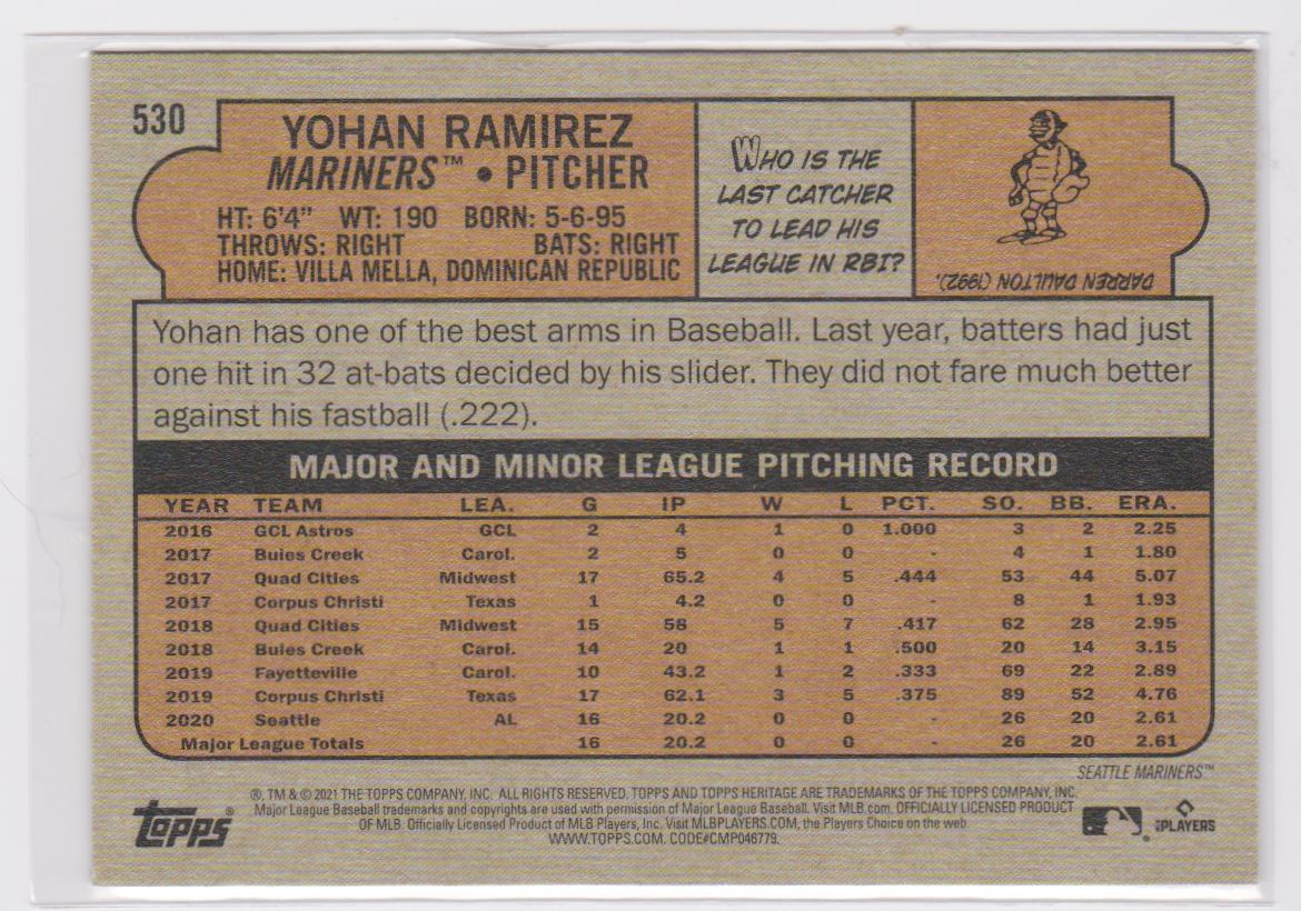2021 Topps Heritage High Number Yohan Ramirez #530 card back image