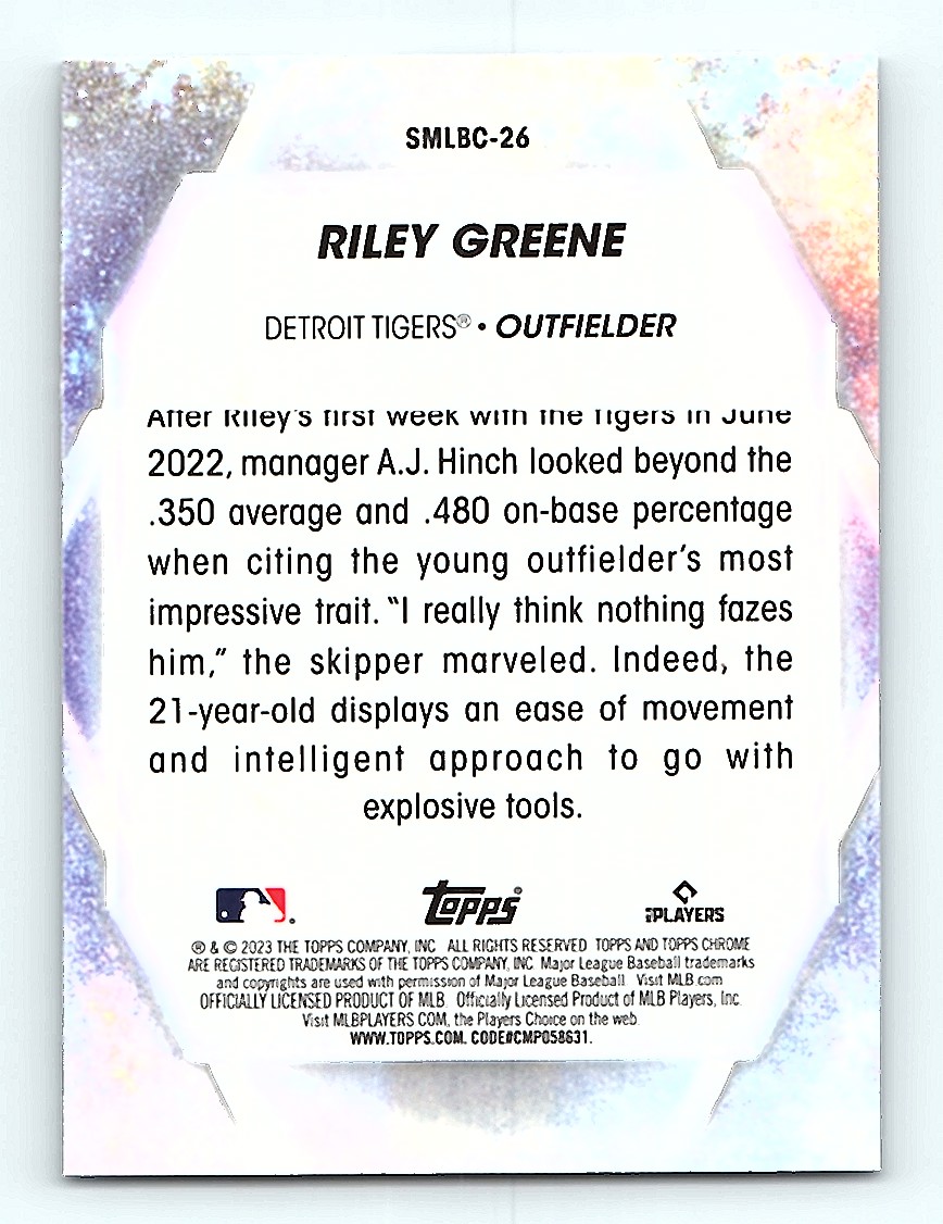 2023 Topps Stars of MLB Chrome Riley Greene #SMLBC-26 card back image