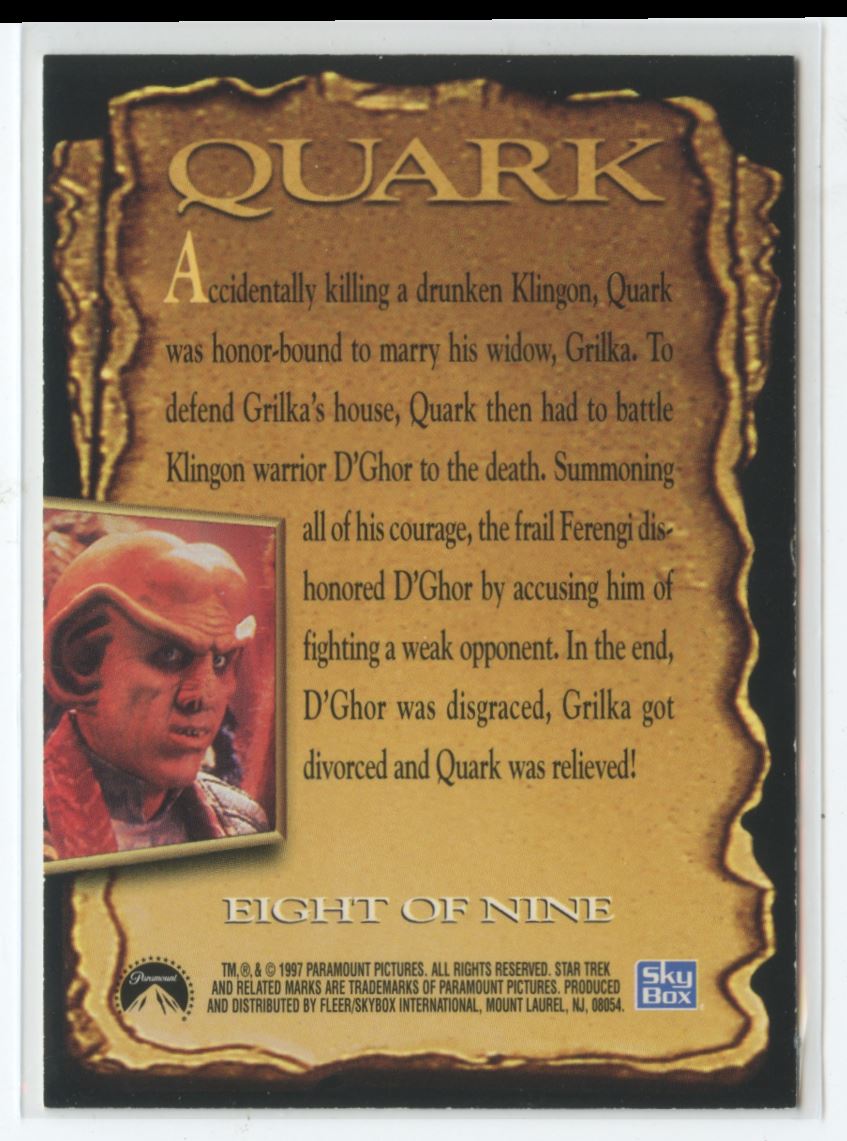 1997 SkyBox Star Trek Trading Cards Latinum Profiles Quark (Signed W/Silver Ink Armin Shimerman) #8 OF 9 card back image