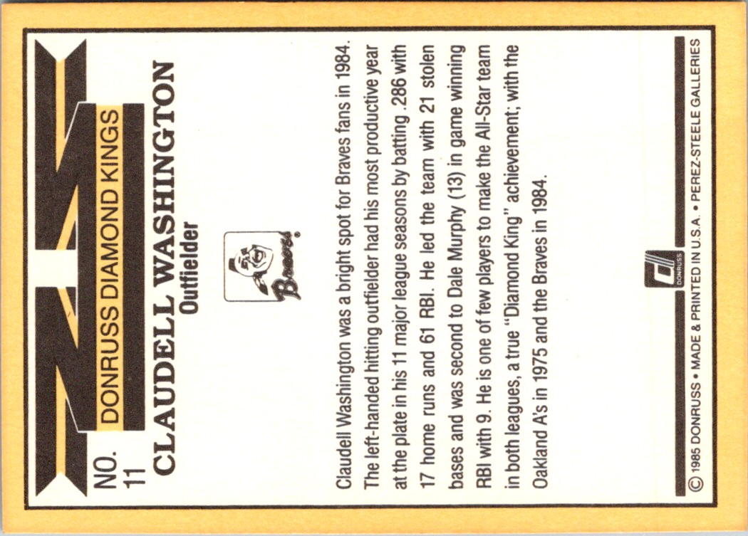 1985 Donruss Claudell Washington #11 card back image