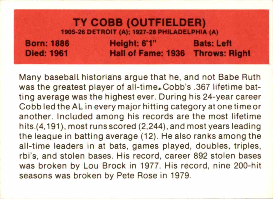 1987 Baseball All Time Greats Baseball Card - TY COBB –