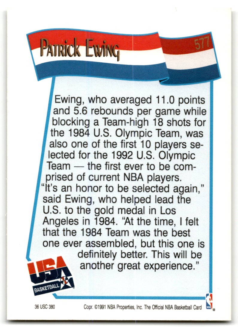 1991-92 NBA Hoops 1992 USA Basketball Team Patrick Ewing #577 card back image