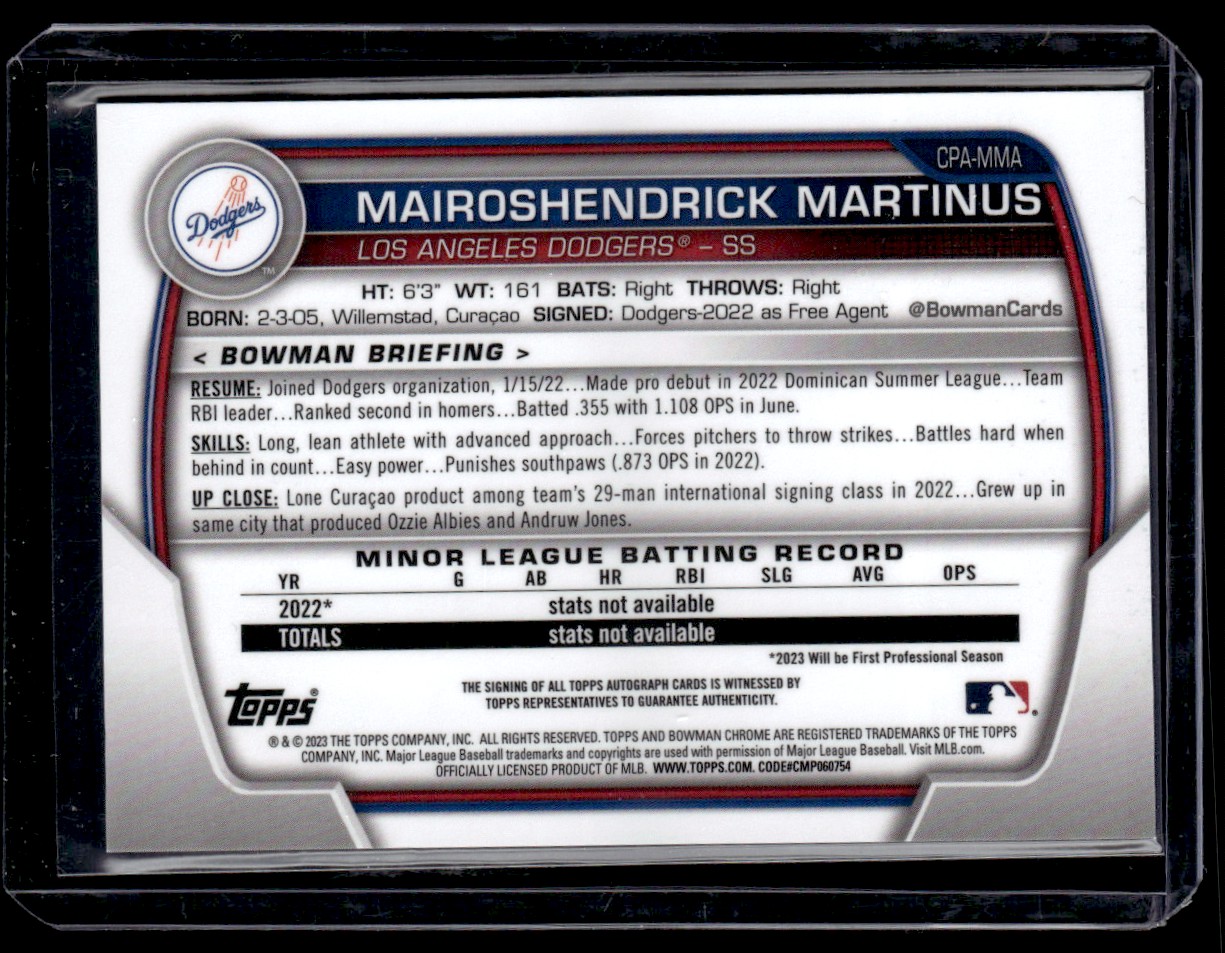 2023 Bowman Chrome Prospect Gold Shimmer Autographs Mairoshendrick Martinus #CPA-MMA card back image