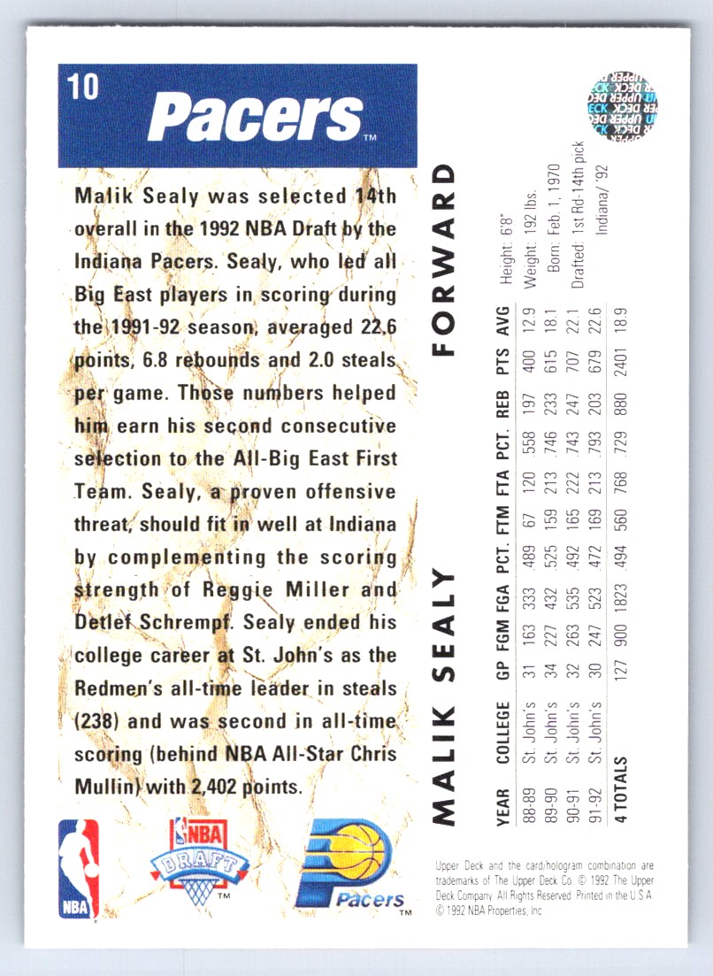 1992-93 Upper Deck Malik Sealy #10 on Kronozio